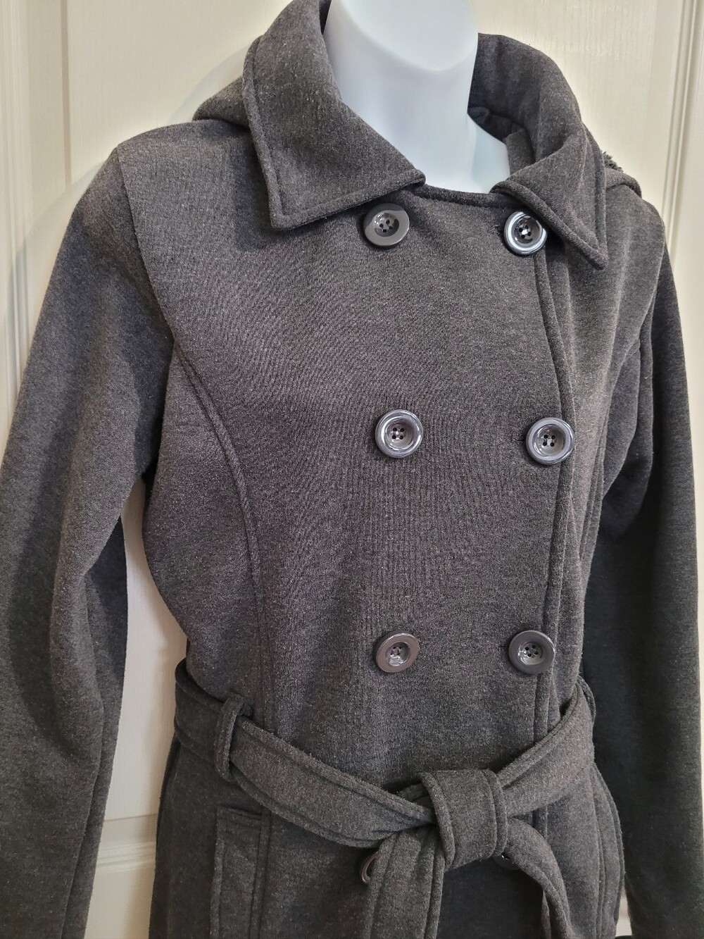 YMI Double-Breasted Jersey Knit Pea Coat, Hooded & Belted - Sz L, Gray, GUC - Picture 2 of 11